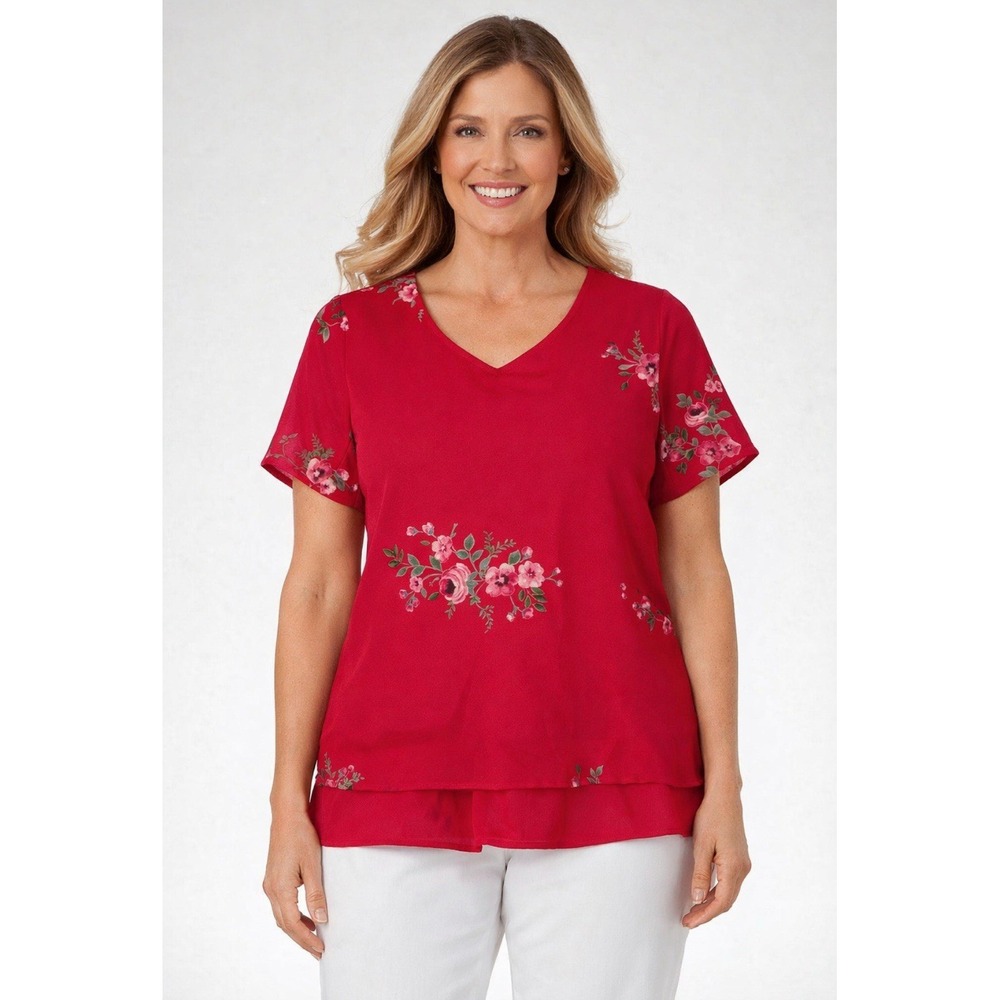 Draper's & Damon's Women's Size 12 Red Floral Blouse Short Sleeve Layered Hem
